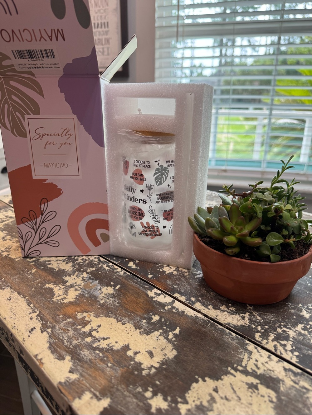 Mayicivo Glass Cup with Inspirational Quotes and Botanical Print